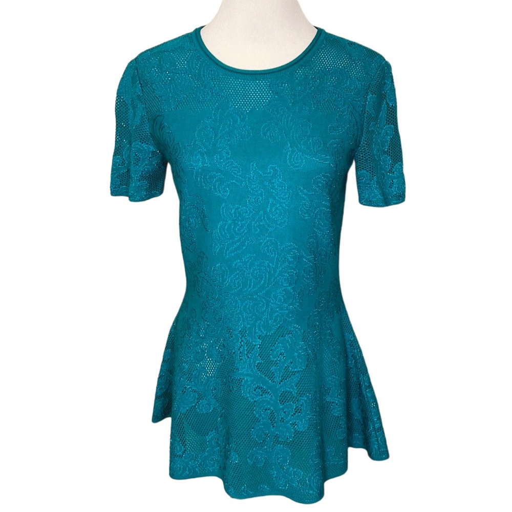 St. John Boutiques Teal Blue Green Knit Short Sleeve Peplum Top